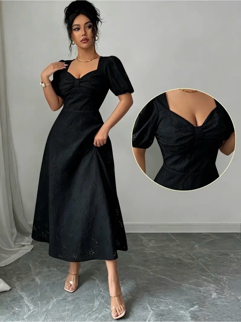 SHEIN Black Eyelet Puff-Sleeve Midi Dress